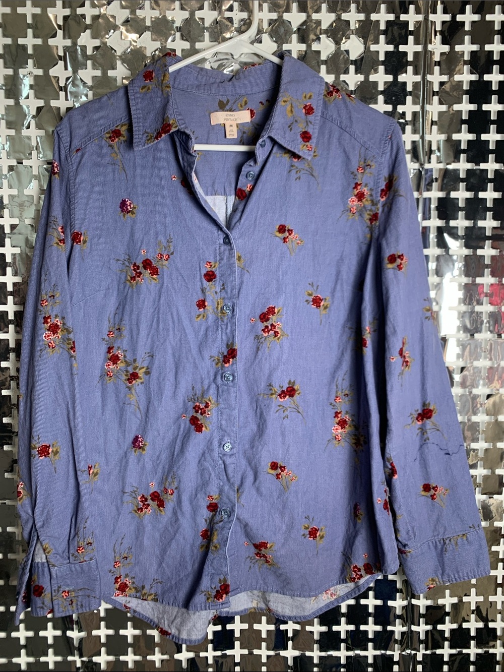 Como Vintage Periwinkle Button-Down Shirt with Red Floral Print